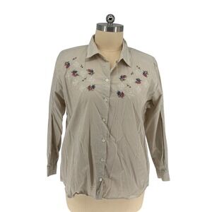 Capacity Woman Button Down Shirt Tan White Stripe Floral 100% Cotton 3X